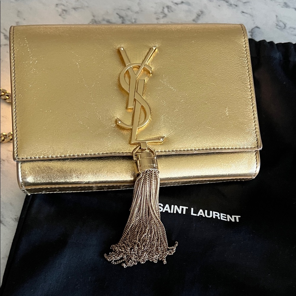 Saint Laurent Metallic Gold Clutch with Tassel